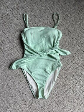 WeWoreWhat Mint & White Striped Wrap One-Piece Swimsuit